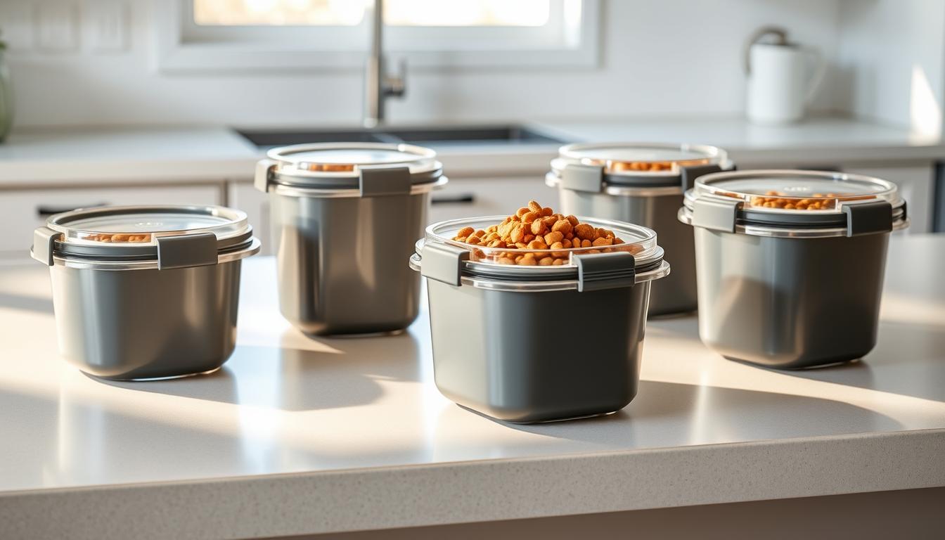 A set of airtight, BPA-free pet food containers sit on a kitchen counter, bathed in soft, natural lighting. The containers feature sleek, minimalist designs with locking lids that create an airtight seal, ensuring the freshness and longevity of the food within. The containers are arranged in a visually appealing, symmetrical layout, casting subtle shadows on the counter's smooth, neutral-toned surface. The overall scene conveys a sense of orderliness, functionality, and attention to detail - qualities that would be desirable in high-quality pet food storage solutions.