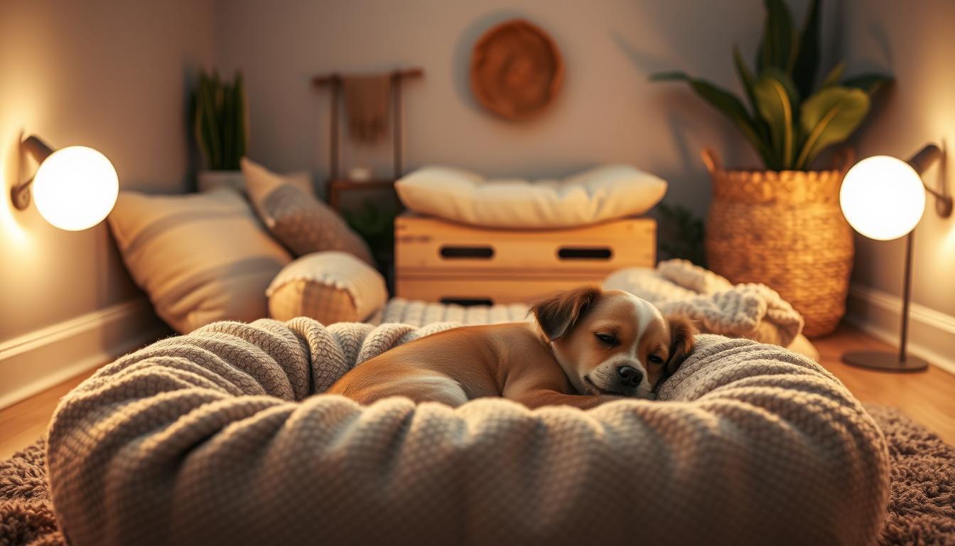 A cozy, intimate sleeping space for a small dog, illuminated by warm, soft lighting. In the foreground, a plush, overstuffed dog bed with a textured, neutral-toned cover invites the canine companion to curl up and rest. Surrounding the bed, an assortment of fluffy, patterned throw pillows and a cozy, woven blanket create a sense of comfort and security. In the middle ground, a low wooden platform or crate, topped with a plush cushion, provides an elevated resting spot. Framing the scene, natural elements like potted plants and a woven basket add a touch of nature and charm. The background features a clean, minimalist wall in a soothing, muted color palette, allowing the cozy dog sleeping area to be the focal point.