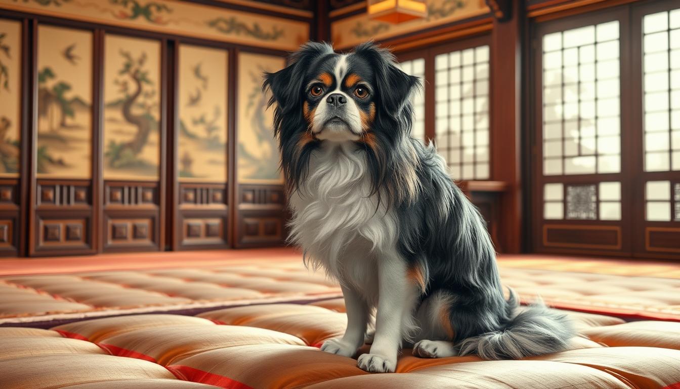 a highly detailed, realistic portrait of a Japanese Chin dog, posed in a regal and elegant manner, against a backdrop of a luxurious, ornate Japanese palace interior. The Chin is sitting upright on a plush, silk-cushioned floor, its long, silky fur glistening in soft, warm lighting from a nearby window. The dog's expression is alert and dignified, with its dark, expressive eyes gazing directly at the viewer. The palace walls are adorned with intricate, hand-painted screens and scrolls, creating a sense of timeless, imperial grandeur. This scene captures the Japanese Chin's historic status as a beloved companion of the Japanese nobility, its captivating beauty, and its enduring charm.