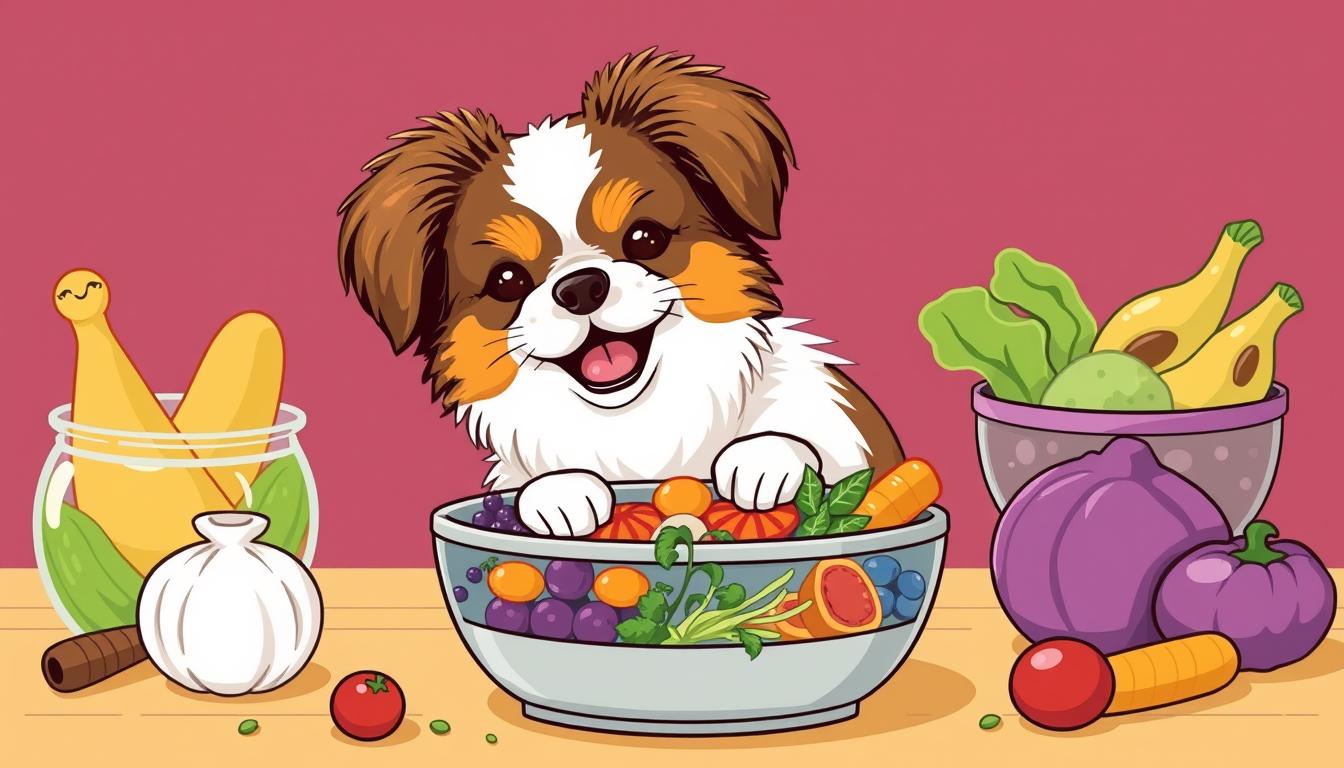 An image of a Japanese Chin dog eating from a bowl with a variety of healthy ingredients.