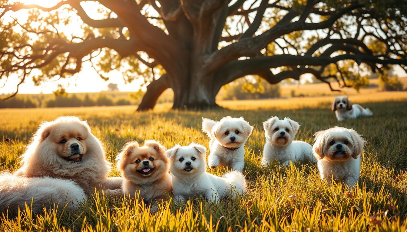 A fluffy dog pack relaxing in a cozy, sun-dappled meadow. In the foreground, a Samoyed, Chow Chow, and Pomeranian lounge together, their voluminous fur coats gleaming. In the middle ground, a Maltese and a Bichon Frise frolic through the tall grass, playfully chasing butterflies. In the background, a majestic Poodle and a Shih Tzu recline under a sprawling oak tree, their regal silhouettes framed by the warm, golden light. The scene exudes a sense of warmth, comfort, and the pure joy of these fluffy companions.