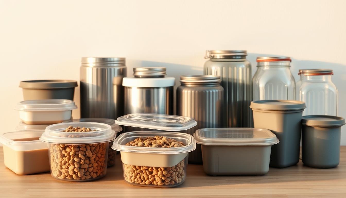 A well-organized display of various pet food storage containers, showcasing a range of sizes, materials, and designs. The containers are arranged on a clean, minimalist wooden table, bathed in warm, natural lighting that accentuates their textures and colors. In the foreground, a selection of airtight, stackable plastic containers in neutral tones take center stage, their lids partially open to reveal the kibble inside. In the middle ground, metal tins and glass jars with screw-top lids stand alongside, providing a variety of storage options. The background features a simple, uncluttered wall, allowing the containers to be the focal point of the scene. The overall composition conveys a sense of practicality, organization, and a commitment to keeping pet food fresh and accessible.
