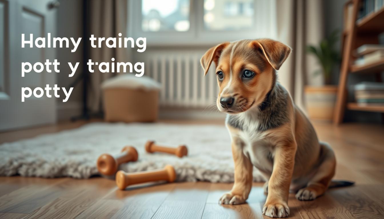 A cozy indoor scene showcasing a young puppy demonstrating common potty training signals. The puppy is positioned in the foreground, gazing intently with a quizzical expression, its body language indicating a need to relieve itself. The middle ground features a soft, plush rug and some puppy-friendly chew toys, creating a warm, welcoming atmosphere. In the background, a window provides natural lighting, casting a gentle glow on the scene. The overall mood is one of patient understanding, as the puppy's potty training journey is sensitively captured.