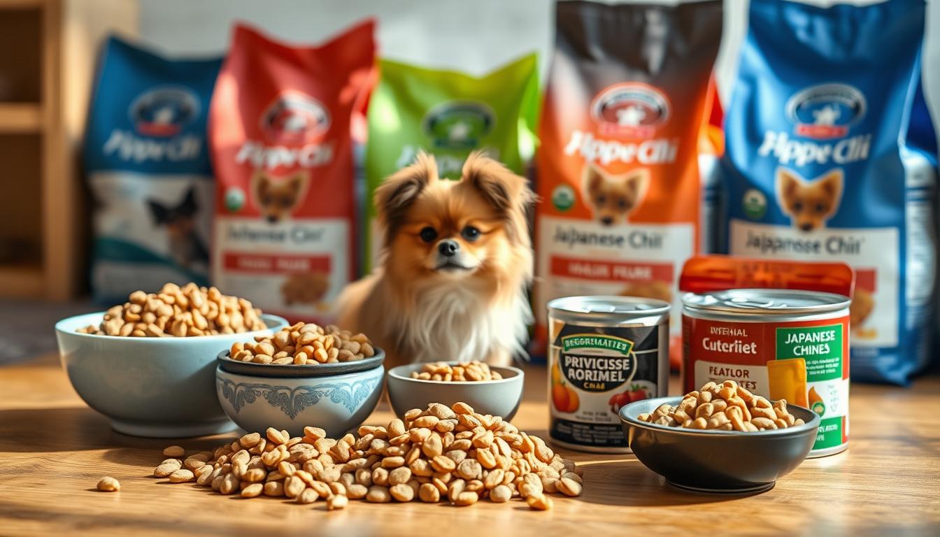 A still life scene showcasing various types of high-quality dog food suitable for the Japanese Chin breed. The foreground features an assortment of dry kibble and canned wet food options, arranged artfully on a wooden surface with natural lighting filtering in from the side. The middle ground includes decorative bowls and dishes, complementing the food items. In the background, blurred out but recognizable, are bags of specialty Japanese Chin dog food, showcasing different flavors and formulations. The overall mood is warm, inviting, and informative, highlighting the diverse and nutritious dietary choices available for this delicate companion dog breed.