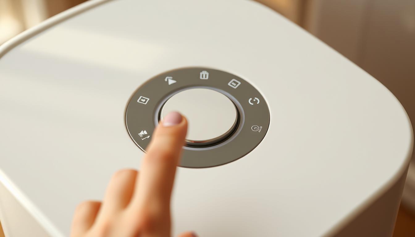 An intuitive touch interface for a modern pet food storage container. The sleek, minimalist design features a large circular dial for adjusting settings, surrounded by a ring of status LED indicators. Soft ambient lighting illuminates the controls, creating a calm and inviting aesthetic. The surface is smooth and fingerprint-resistant, with a subtle texture for improved grip. Sensors detect motion and proximity, triggering alerts for low food levels or container sealing. Captured in a warm, natural lighting scenario with a slightly low angle to highlight the sophisticated interaction elements.