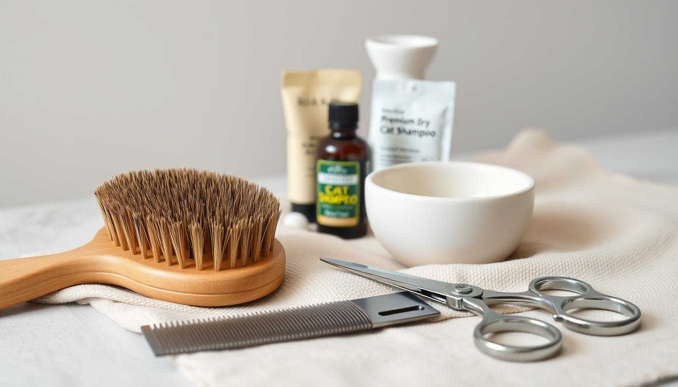 A neatly arranged collection of grooming essentials for short-haired cat breeds, such as an Abyssinian. In the foreground, a high-quality brush, a steel-toothed comb, and a pair of grooming scissors rest on a soft, neutral-colored cloth. In the middle ground, a small ceramic bowl filled with premium dry cat shampoo and a package of fragrance-free wet wipes. In the background, a minimalist white ceramic or glass vessel holding a few drops of essential oil blend for coat conditioning. The lighting is soft and diffused, creating a serene, spa-like atmosphere. The focus is crisp, and the depth of field is moderate, gently blurring the background to draw the viewer's attention to the grooming tools.