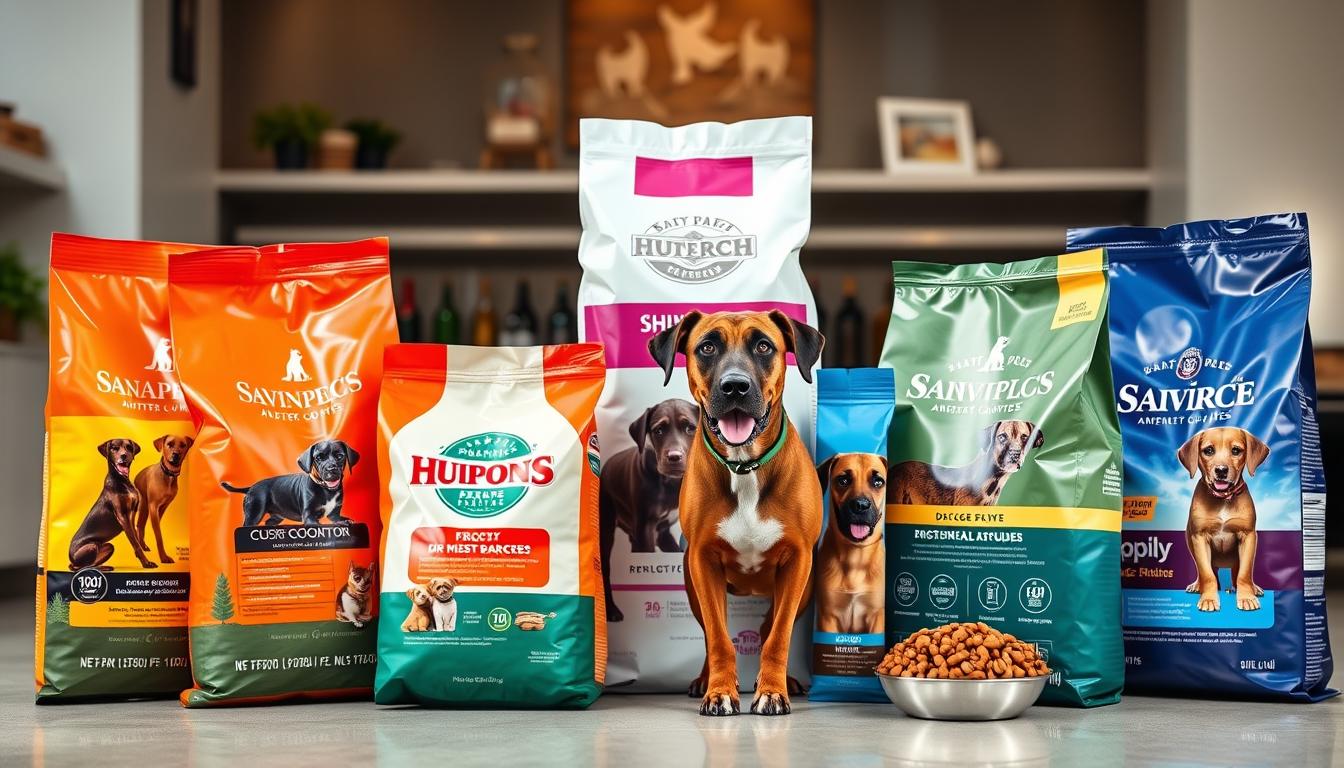 Collection of the best dog food brands for Rhodesian Ridgebacks arranged in a display