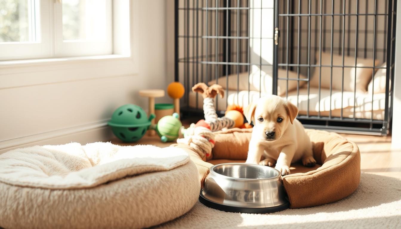 A cozy corner of a bright, sunlit room, featuring an array of essential puppy supplies. In the foreground, a plush puppy bed with a soft, neutral-toned blanket invitingly waits. Nearby, a stainless steel food and water bowl set, gleaming under the natural light. In the middle ground, a selection of puppy toys - a chew-resistant rubber ball, a plush squeaky toy, and a tug-of-war rope - are neatly arranged. Against the back wall, a sturdy crate with a soft, removable cushion provides a secure space for the growing pup. The scene conveys a sense of comfort, organization, and the attentive care needed to establish a healthy routine for an 8-week-old puppy.