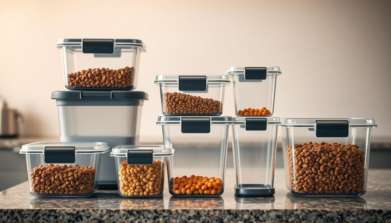 high-quality, airtight pet food storage containers in a well-lit kitchen setting, showcasing a variety of sizes and shapes arranged on a granite countertop. The containers are made of durable, transparent plastic with secure locking lids, ensuring freshness and preventing spills. The lighting is soft and diffused, casting a warm glow on the containers and highlighting their practical features. The background is clean and minimalist, with muted colors to draw the viewer's attention to the storage solutions. The overall scene conveys a sense of organization, functionality, and attention to detail in maintaining a well-stocked and well-organized pet food storage system.