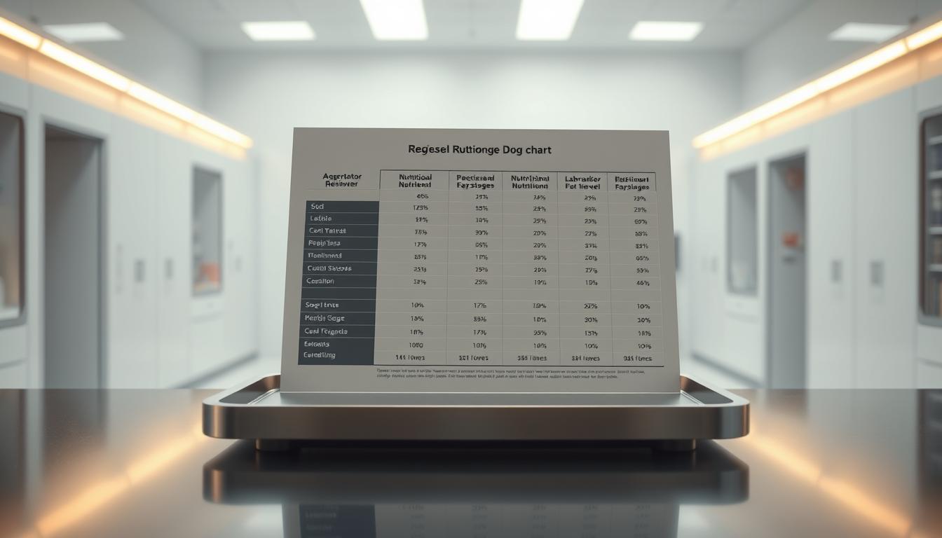 A detailed, age-specific dog food chart displayed on a sleek, modern table in a well-lit, minimalist laboratory setting. The chart features a clean, easy-to-read layout with precise nutritional information for different life stages of a Labrador Retriever, rendered in a high-quality, photorealistic style. The overall atmosphere is one of scientific authority and trustworthiness, with a subtle, warm lighting that enhances the professionalism of the display.