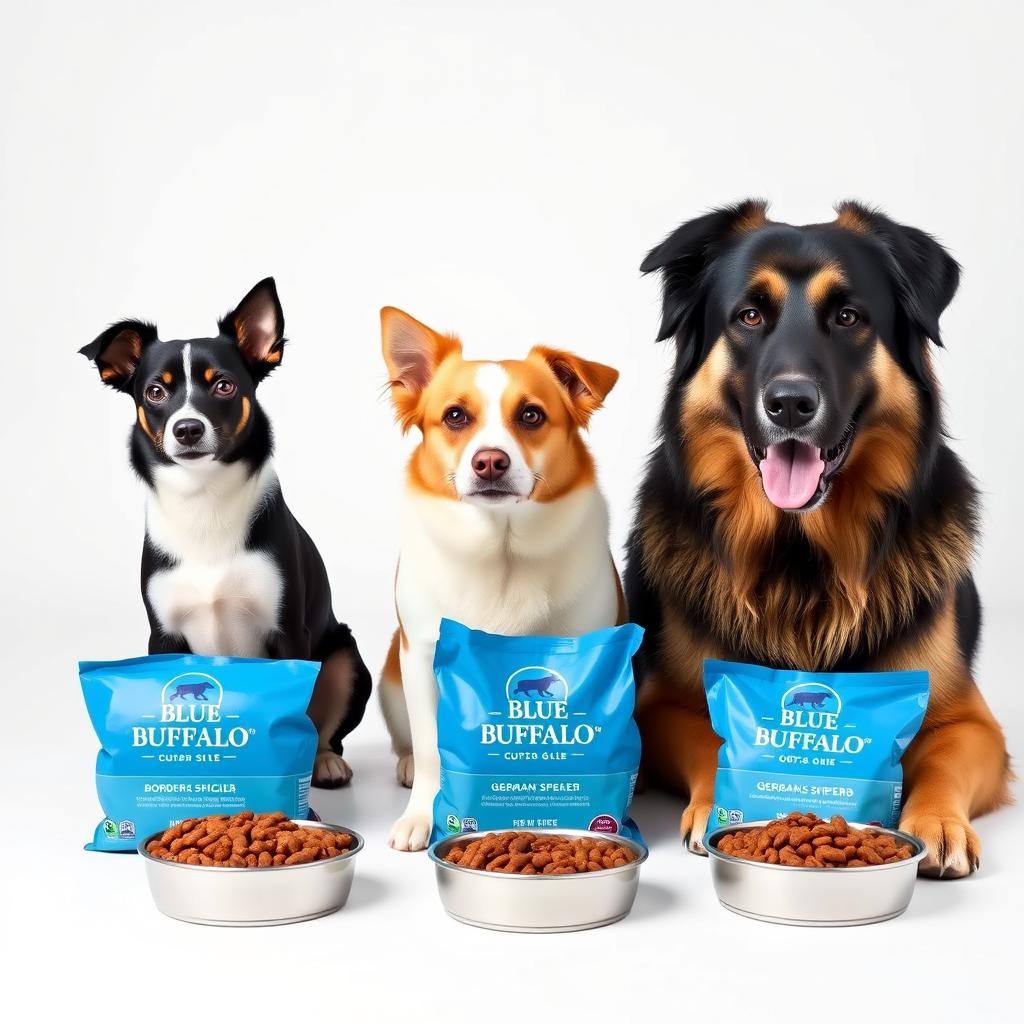 Different sized dogs with appropriately sized Blue Buffalo food portions