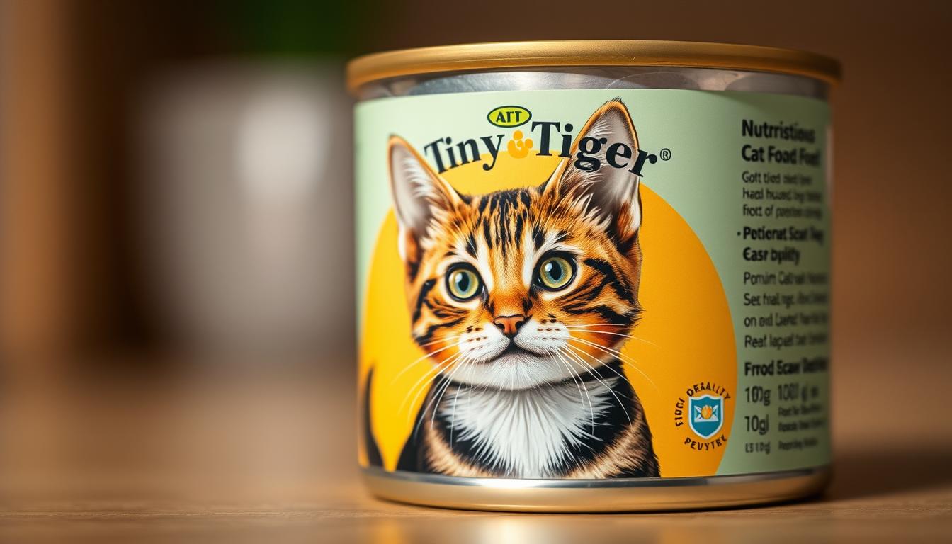 A close-up shot of a high-quality, nutritious cat food product made by the "Tiny Tiger" brand. The can or package has a vibrant, eye-catching label design featuring a realistic, detailed illustration of a playful tabby cat in the foreground. The packaging material has a sleek, premium texture and the colors are warm and inviting. The lighting is soft and slightly diffused, creating a gentle, natural appearance. The focal point is the cat food product, with a slight depth of field to subtly blur the background. The atmosphere evokes a sense of quality, care, and wholesome nourishment for a beloved house cat.