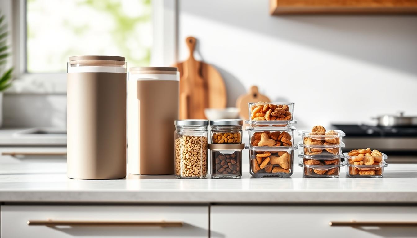 A well-lit, modern kitchen counter with a variety of pet food storage containers. In the foreground, a sleek, airtight BPA-free canister in muted colors holds dry dog food. To the side, a transparent container showcases moist canned pet food. In the middle ground, a series of small, stackable compartments neatly organize different types of treats. The background features a minimalist backsplash, with a window letting in soft, diffused natural light. The overall scene conveys a sense of organization, freshness, and attention to pet nutrition.