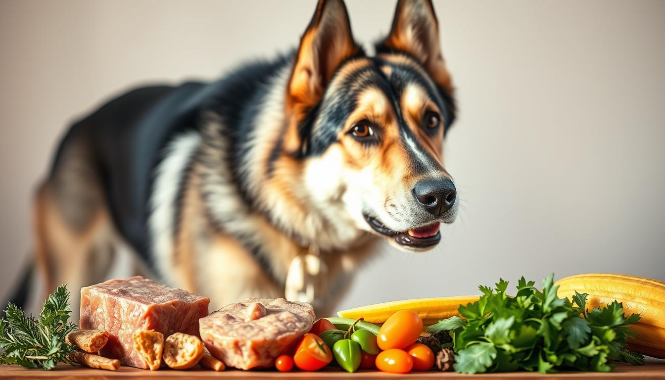 A close-up photograph of a German Shepherd Husky mix dog, its fur shining with a healthy gleam, standing against a soft, blurred background. The dog's head is tilted slightly, its eyes alert and intelligent, as if pondering its nutritional needs. In the foreground, a selection of high-quality dog food ingredients - lean protein, fiber-rich vegetables, and essential vitamins and minerals - are arranged in a visually appealing composition, highlighting the balanced, nutrient-dense diet required to support the Shepsky's active lifestyle and overall well-being. The lighting is natural and warm, casting gentle shadows that accentuate the dog's muscular physique and the textures of the food items. The overall mood is one of calm contemplation, inviting the viewer to consider the importance of tailoring a Shepsky's diet to its unique nutritional requirements.