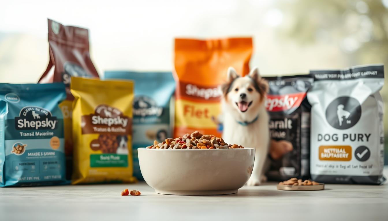 A carefully curated set of dog food transition guides, arranged in a clean, informative layout. In the foreground, a mix of dry and wet dog food bags of different sizes and flavors, subtly displaying their labels. The middle ground features a neutral-colored bowl filled with a blend of the various dog food options, inviting the viewer to imagine the transition process. The background showcases a serene, natural environment with soft, diffused lighting, conveying a sense of tranquility and care for the pet's wellbeing. The composition is balanced, with a focus on the dog food transition process, and the overall atmosphere is one of guidance and reassurance for the Shepsky owner.