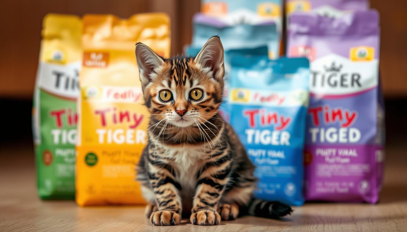 A close-up of a tiny and adorable tiger-striped cat sitting in front of a neatly arranged display of Tiny Tiger brand cat food packages. The cat's piercing yellow eyes and curious expression convey its interest in the food. The packages feature vibrant colors, clean labels, and a premium aesthetic, hinting at the high-quality ingredients within. The scene is evenly lit from the side, casting soft shadows and highlighting the cat's plush fur and the sheen of the packaging. The background is blurred, placing the focus squarely on the cat and the food, communicating the pros and cons of this specialized feline diet.