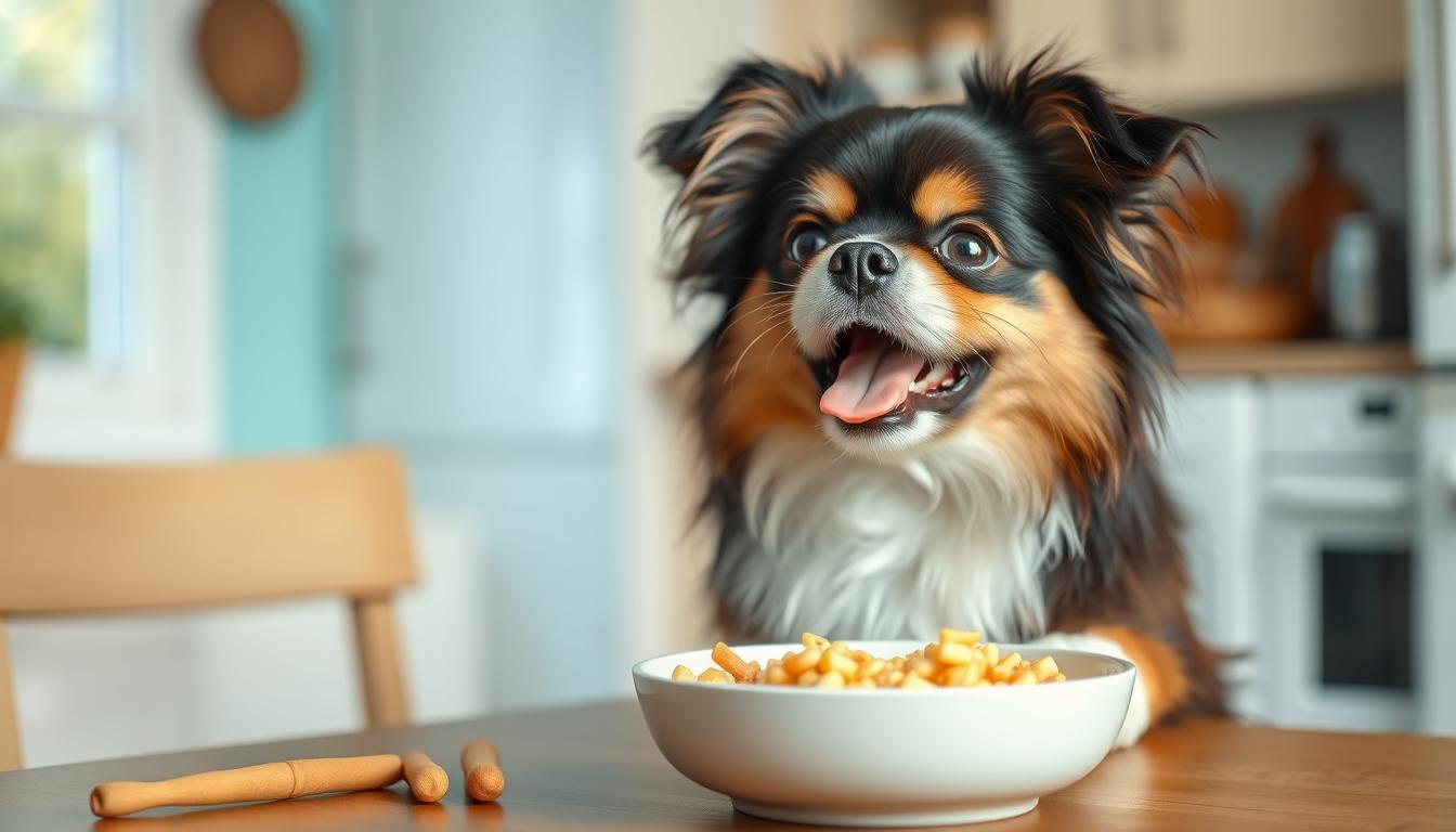 Generate an image of a Japanese Chin dog eating homemade food