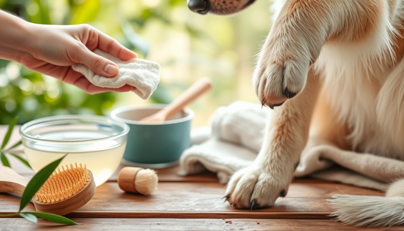 A natural, well-lit scene depicting the step-by-step process of cleaning a dog's paws. In the foreground, a dog's paw is being gently held and wiped with a soft, damp cloth. The middle ground shows a variety of natural, eco-friendly cleaning supplies, such as a bowl of warm water, a natural bristle brush, and a towel. The background features a serene outdoor setting, with lush greenery and soft, diffused lighting, conveying a calming, spa-like atmosphere. The composition is balanced and the focus is on the paw cleaning process, showcasing the care and attention required for this gentle, natural approach.