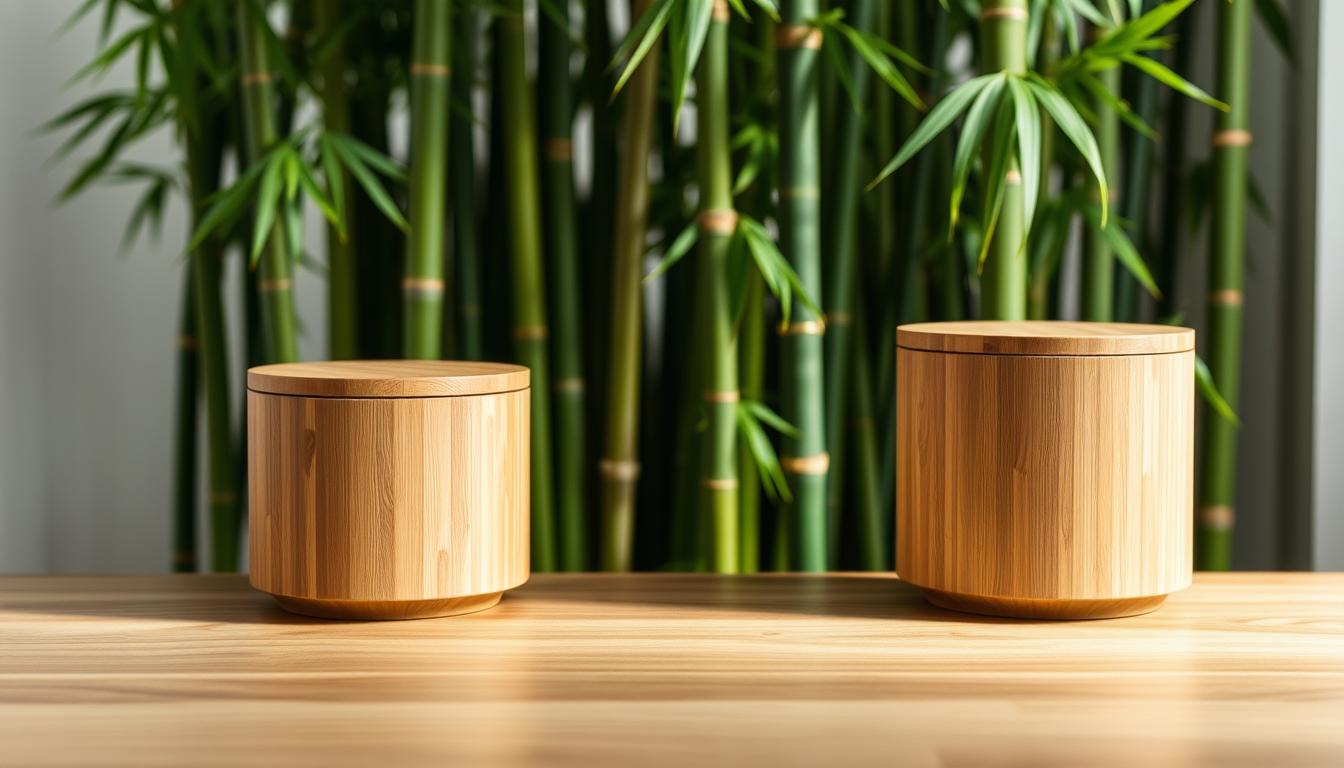 A beautifully crafted image of eco-friendly bamboo lid pet containers, showcasing a sustainable storage solution. In the foreground, two cylindrical bamboo containers with sleek bamboo lids sit atop a natural wood surface, reflecting the warm tones of the material. The middle ground features a backdrop of lush, verdant bamboo stems, their tall, slender silhouettes creating a serene, nature-inspired ambiance. Soft, diffused lighting illuminates the scene, highlighting the organic textures and natural hues of the bamboo. The overall mood conveys a sense of harmony between functionality and environmental consciousness, perfectly suited for the "Eco-Friendly and Sustainable Storage Solutions" section of the article.
