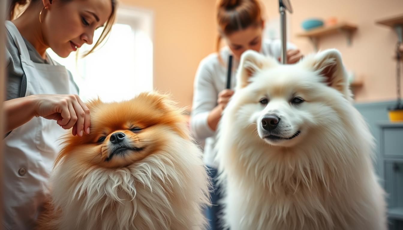 A cozy, well-lit grooming salon where two fluffy dogs of different breeds are being pampered. In the foreground, a groomer in a crisp white apron carefully brushes the soft, voluminous coat of a Pomeranian, its eyes closed in blissful relaxation. In the middle ground, another groomer gently trims the wispy fur around the face of a Samoyed, the dog's serene expression radiating contentment. The background features soothing pastel-toned walls, shelves stocked with grooming supplies, and a tranquil atmosphere that evokes a sense of care and pampering for these beloved, high-maintenance canine companions.