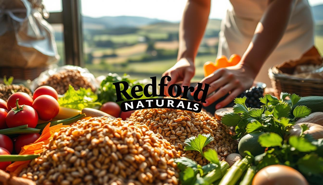 A high-quality, close-up photograph of the raw ingredients and sourcing process behind Redford Naturals cat food. In the foreground, vibrant, fresh produce such as whole grains, fruits, and vegetables are carefully arranged, illuminated by soft, natural lighting. In the middle ground, hands carefully inspect and prepare the ingredients, emphasizing the brand's commitment to quality control. The background features pastoral landscapes and rolling hills, conveying the brand's connection to nature and sustainable farming practices. The overall tone is one of transparency, authenticity, and a reverence for the natural world.