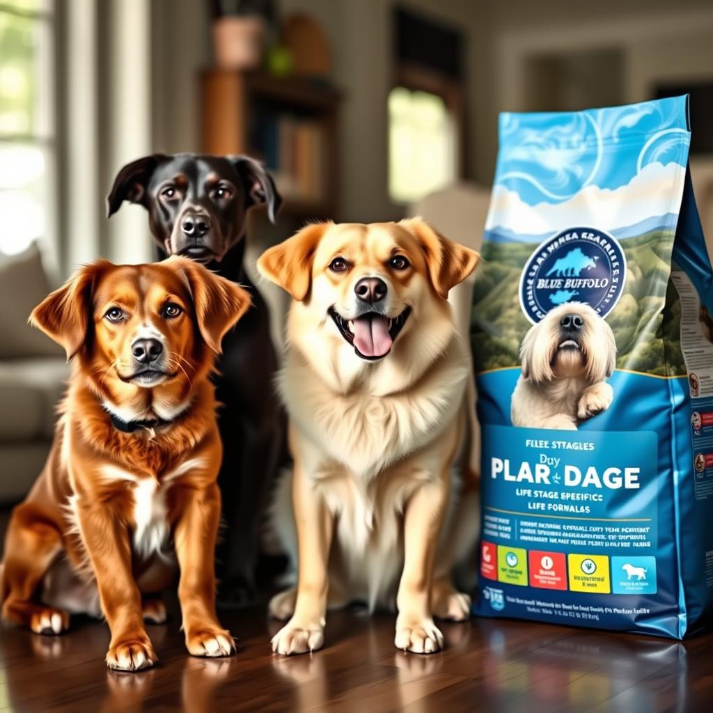 Puppy, adult, and senior dog with Blue Buffalo life stage-specific formulas