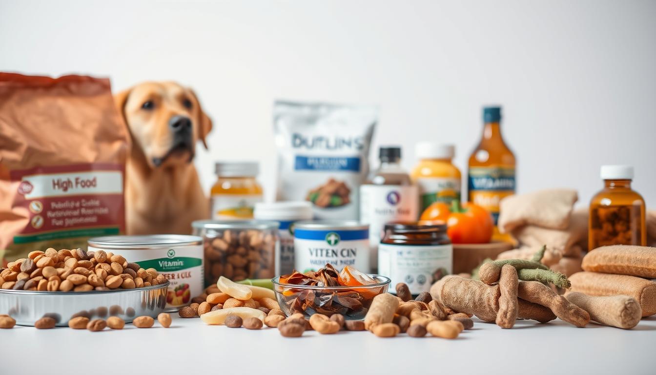 A well-lit, close-up photograph of various canine nutrition essentials arranged on a clean, white background. In the foreground, high-quality dog food kibble, wet canned food, and healthy treats like dried meat, fruits, and vegetables. In the middle ground, a selection of nutritional supplements such as vitamins, minerals, and omega-3 oils. In the background, a simple, understated label or packaging design suggesting a premium, veterinarian-recommended product line. The overall mood is one of informative clarity, highlighting the key components of a balanced, species-appropriate diet for a Labrador retriever.