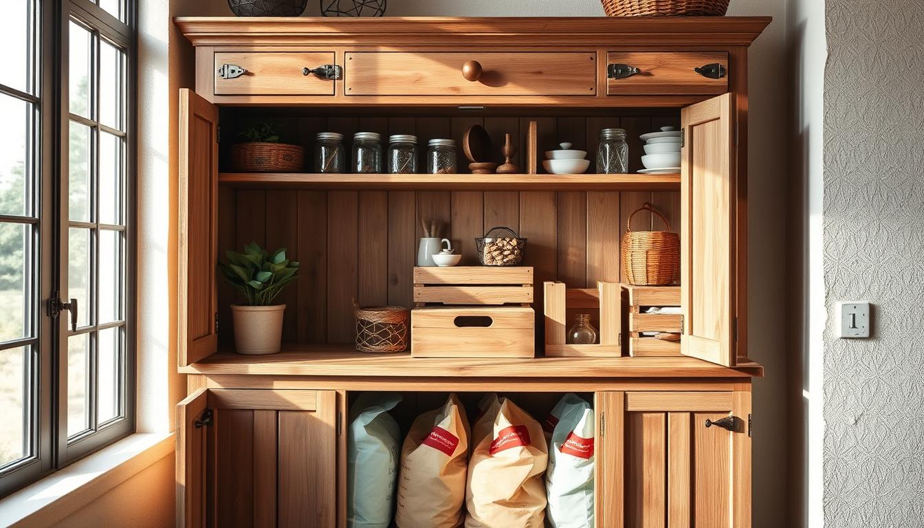A cozy farmhouse-inspired pet food storage cabinet, bathed in warm, natural light filtering through a large window. The cabinet features distressed wood paneling, antique brass hardware, and subtle country-chic decor elements like a potted plant and a woven basket. The foreground showcases beautifully organized storage compartments, perfectly sized for bags of pet food. The middle ground presents a harmonious arrangement of mason jars, wooden crates, and decorative accents that complement the rustic aesthetic. In the background, a subtly textured wall adds depth and character to the scene, evoking a sense of timeless charm and homeliness.