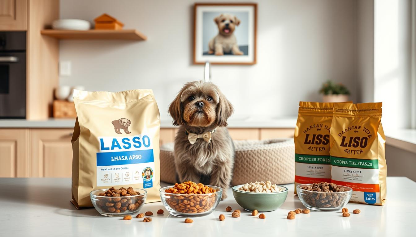 A well-lit kitchen counter with a variety of high-quality dog food options presented in an organized, visually appealing manner. In the foreground, a bag of Lhasa Apso-specific kibble takes center stage, surrounded by smaller bowls containing different wet food flavors and a scattering of treats. The middle ground features a soft, textured dog bed in a complementary color, hinting at the dog's comfort during the transition. The background showcases a clean, minimalist wall with a framed photograph of a Lhasa Apso, creating a sense of warmth and care for the breed. The overall scene conveys a tranquil, nurturing atmosphere, perfectly suited for guiding a Lhasa Apso through a smooth food transition.