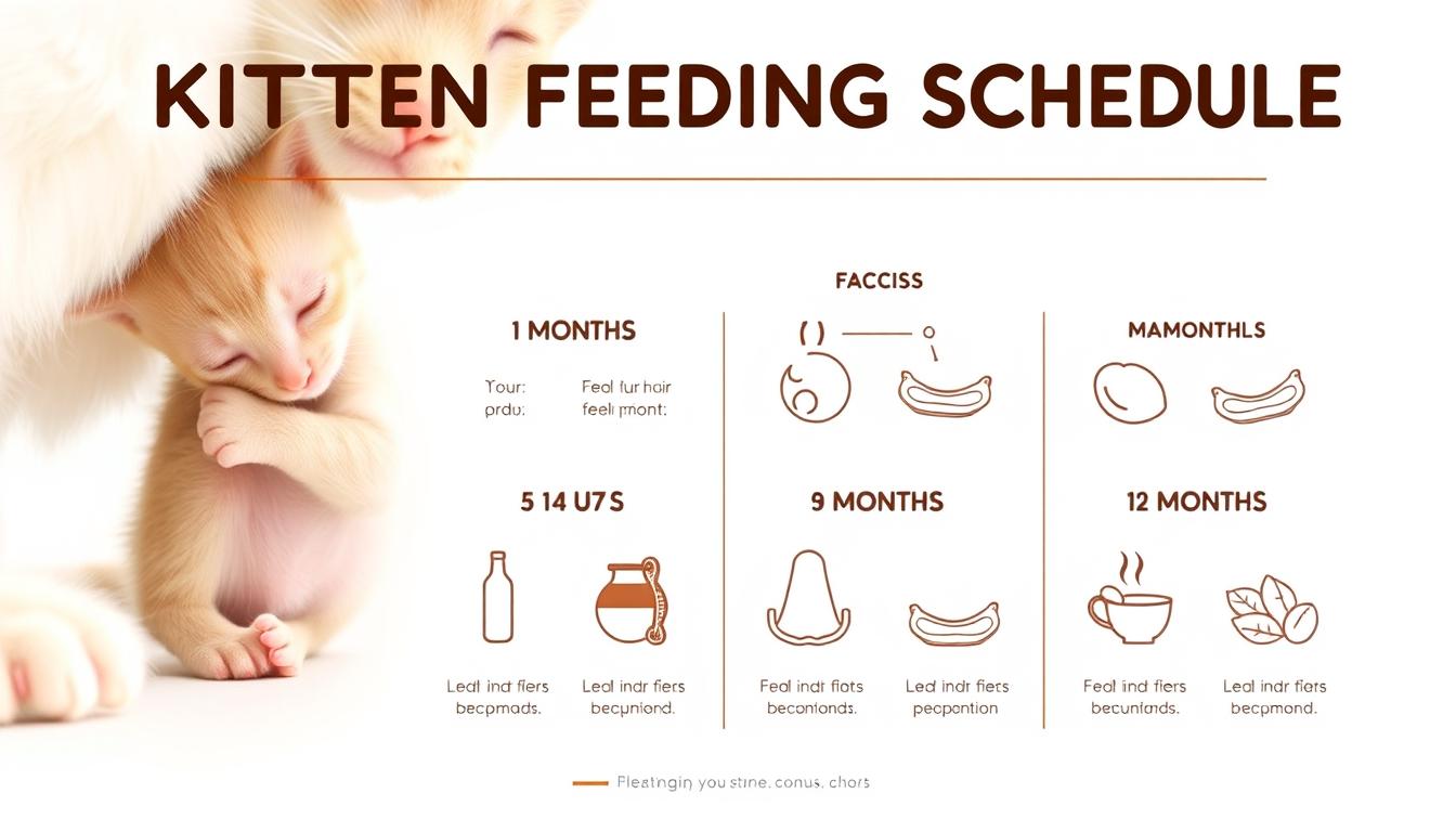 A detailed infographic of a kitten feeding schedule by age, rendered in a clean, minimalist style with a soft, warm lighting. The foreground depicts a newborn kitten nursing from its mother, with the kitten's tiny body and the mother's paws in sharp focus. The middle ground shows a series of illustrations outlining the recommended feeding amounts and frequencies for kittens at 1 month, 3 months, 6 months, and 12 months of age. The background is a simple, off-white backdrop, allowing the illustrations to stand out clearly. The overall mood is informative yet nurturing, conveying the importance of proper kitten nutrition during the crucial first year of life.