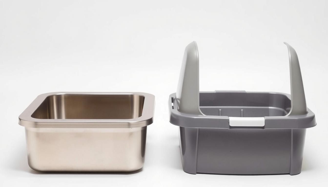 A pair of litter boxes sit side-by-side, one made of sleek stainless steel, the other a classic plastic design. The steel box gleams under soft, even lighting, conveying a sense of modern sophistication. The plastic version appears more utilitarian, with a matte finish and subtle textures. Both litter boxes are empty, allowing the viewer to focus on the materials and craftsmanship. The background is a clean, minimalist space, drawing the eye to the subtle differences between the two options. This image aims to showcase the visual and practical considerations when choosing a litter box for a cat-friendly home.