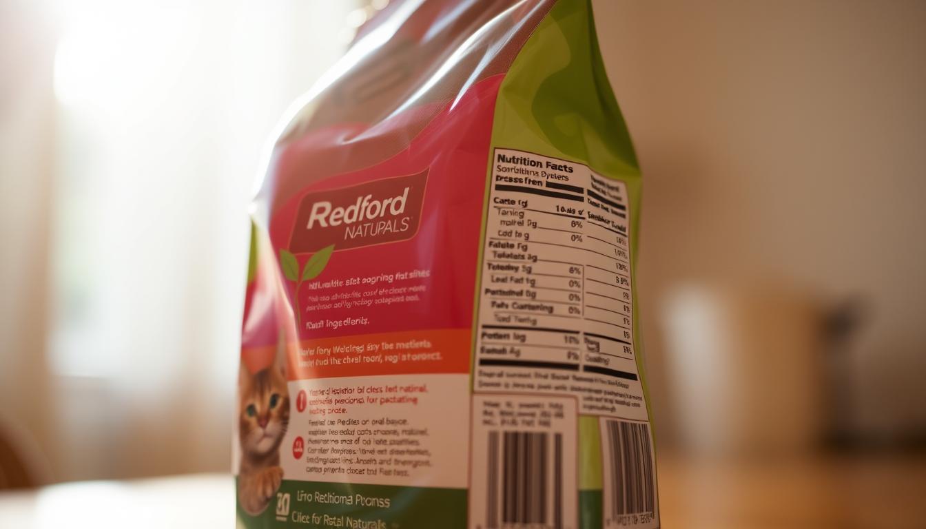 A beautifully lit, close-up shot of a package of Redford Naturals cat food, showcasing the nutritional information on the side panel. The packaging is made of high-quality, eco-friendly materials, with a sleek, modern design. The lighting is soft and diffused, creating a warm, inviting atmosphere. The focus is sharp, drawing the viewer's attention to the detailed breakdown of the food's ingredients, protein content, and other key nutritional facts. The background is blurred, creating a sense of depth and emphasizing the product. The overall impression is one of quality, transparency, and a dedication to providing healthy, natural sustenance for cats.