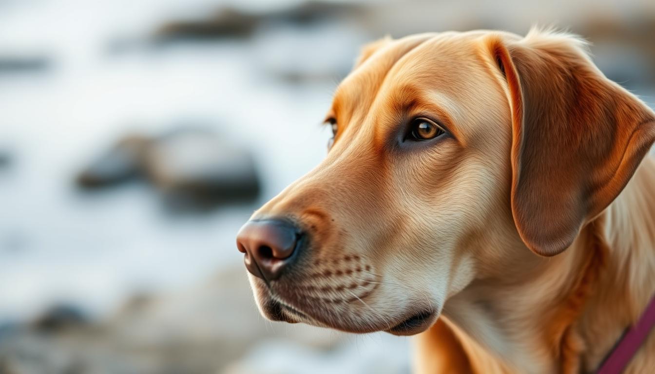 A close-up view of a Chesapeake Bay Retriever's head and neck, depicted with soft, natural lighting and a shallow depth of field. The dog's tawny coat and expressive eyes are in focus, revealing a thoughtful, attentive gaze. In the background, a blurred scene suggests a serene, outdoor setting, perhaps the banks of the Chesapeake Bay. The image conveys a sense of the breed's intelligence, loyalty, and susceptibility to common health issues, setting the stage for a discussion of dietary solutions to support their well-being.