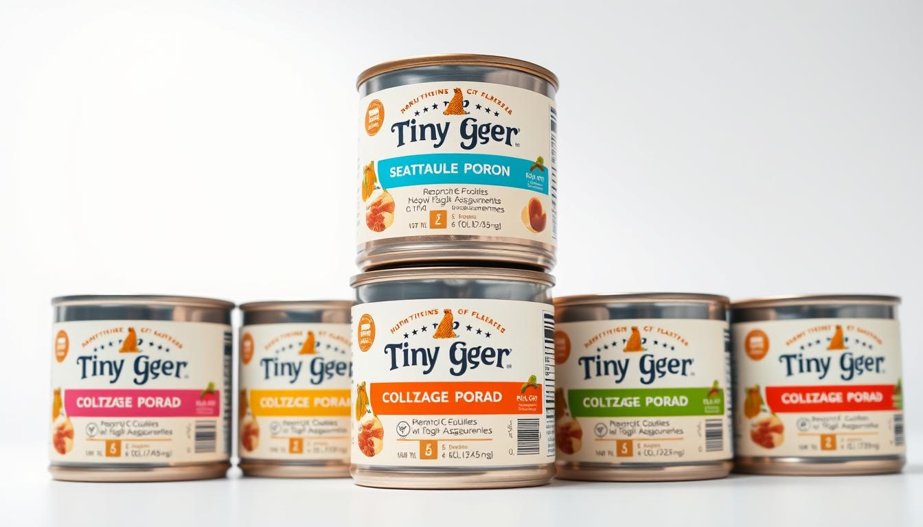 A high-resolution close-up image of a stack of Tiny Tiger cat food cans on a clean white background, shot with a high-quality professional camera lens. The cans should be meticulously detailed, showcasing the vibrant label design and clear nutritional information. Bright, even studio lighting illuminates the scene, creating a crisp, clean, and professional look. The overall composition should highlight the nutritional value and quality ingredients of the cat food, conveying a sense of health, wellness, and premium pet care.