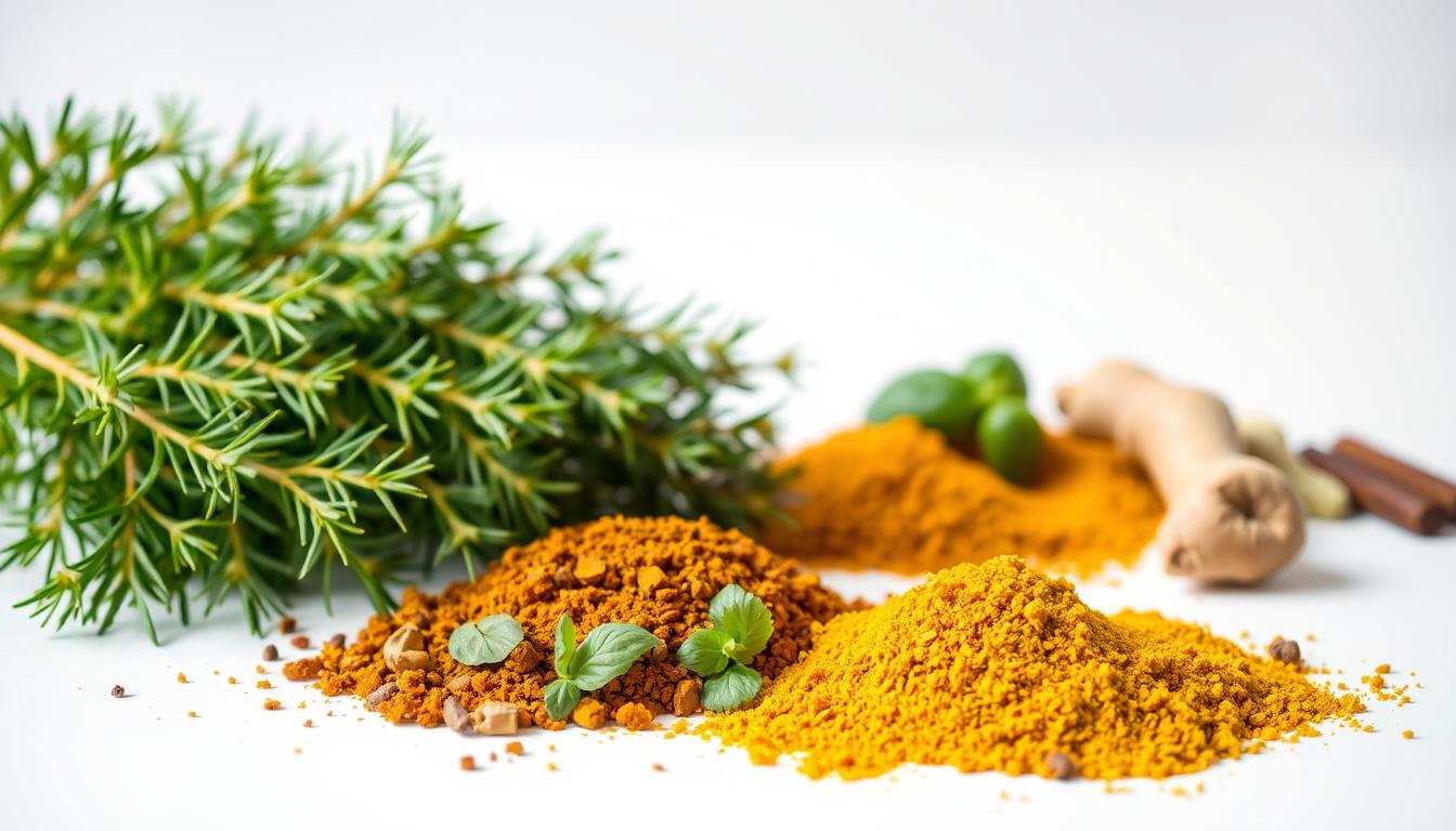A well-lit, studio-style photograph showcasing an assortment of common dog-safe spices and herbs. In the foreground, an arrangement of whole and ground dried spices, such as turmeric, ginger, parsley, and basil, neatly displayed on a clean, white background. The middle ground features lush, vibrant sprigs of fresh herbs, including rosemary, thyme, and oregano, arranged artfully. The background softly blurs, emphasizing the focus on the spices and herbs. The lighting is warm and natural, accentuating the earthy tones and textures of the ingredients. The overall composition is balanced, highlighting the safety and versatility of these ingredients for canine consumption.