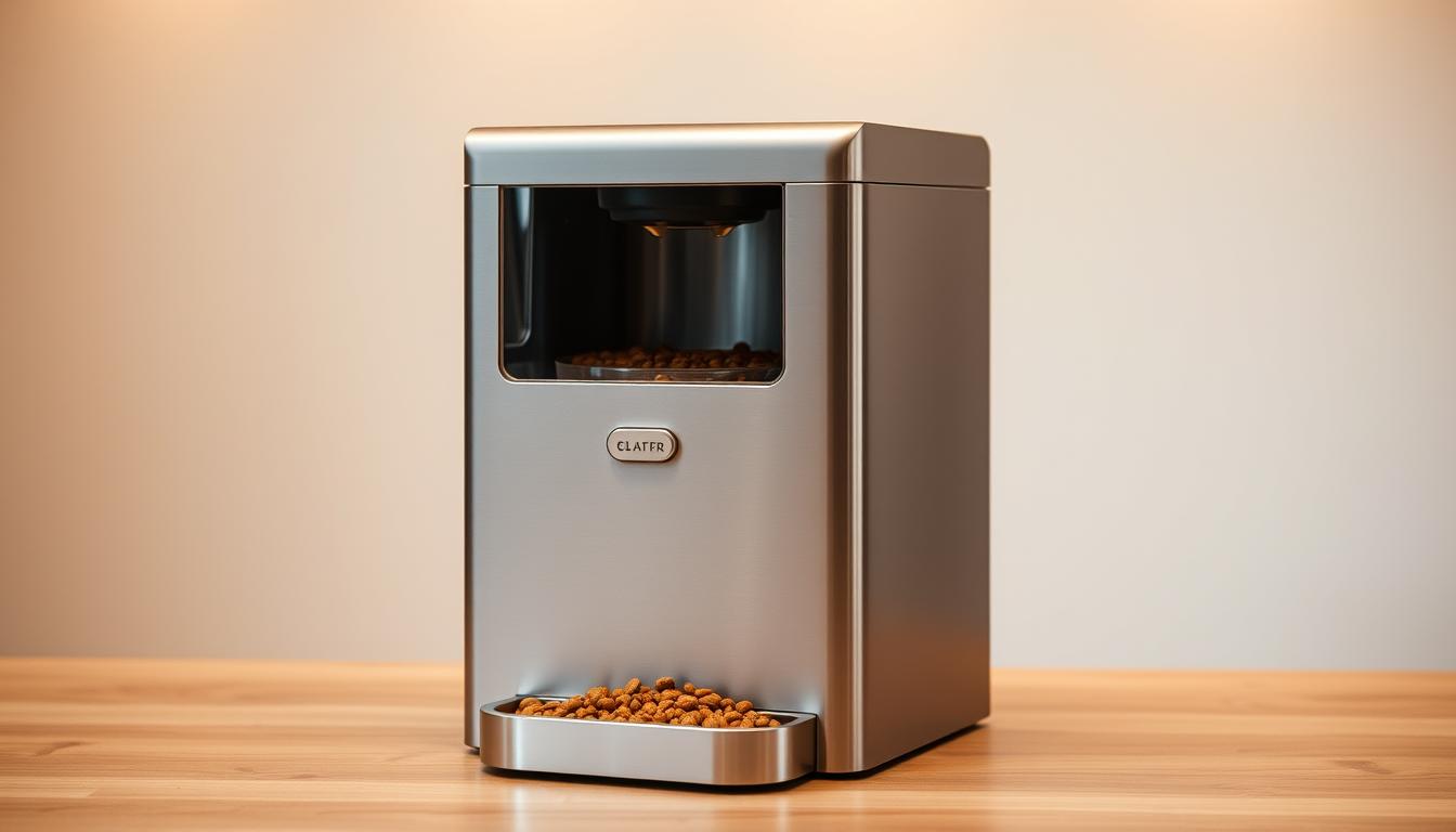 A stainless steel and acrylic dog food dispenser with a sleek, modern design, standing on a smooth wood surface. The dispenser features a large hopper compartment for storing dry kibble, with a built-in gravity-fed mechanism that allows for easy, controlled dispensing. The front panel has a clear window, allowing you to monitor the food level. Warm, soft lighting from above casts a gentle glow, highlighting the high-quality materials and attention to detail. The overall setup exudes a sense of convenience, durability, and care for your canine companion's feeding needs.