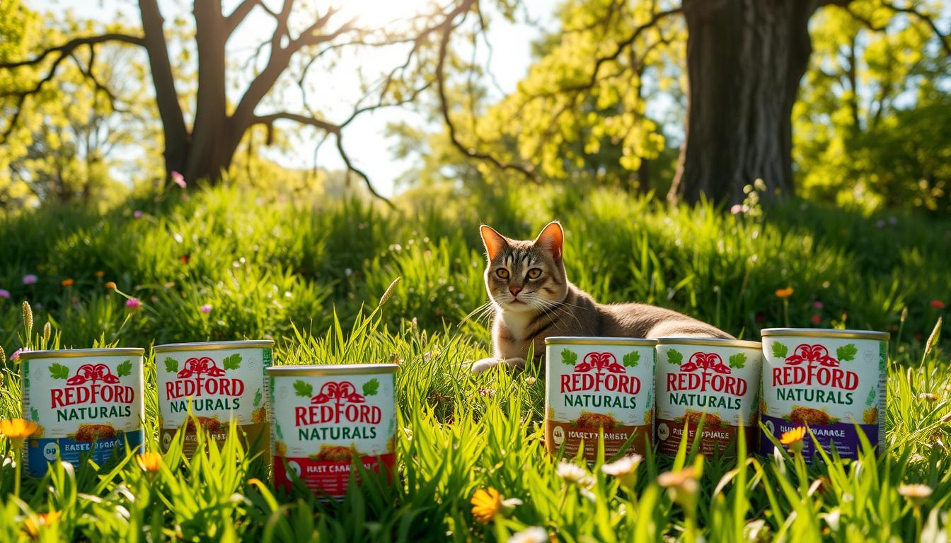 A sun-dappled meadow, lush with verdant grasses and scattered wildflowers. In the foreground, a group of Redford Naturals cat food cans arranged in a casual, inviting display. The cans feature vibrant, nature-inspired packaging, hinting at the wholesome ingredients within. In the middle ground, a house cat lounges contentedly, its sleek fur glistening. The feline's expression conveys a sense of satisfaction, as if savoring the delicious meal. The background is framed by towering trees, their branches casting a warm, golden glow over the scene. The overall atmosphere is one of tranquility, wellness, and the harmony between pets and their natural environment.