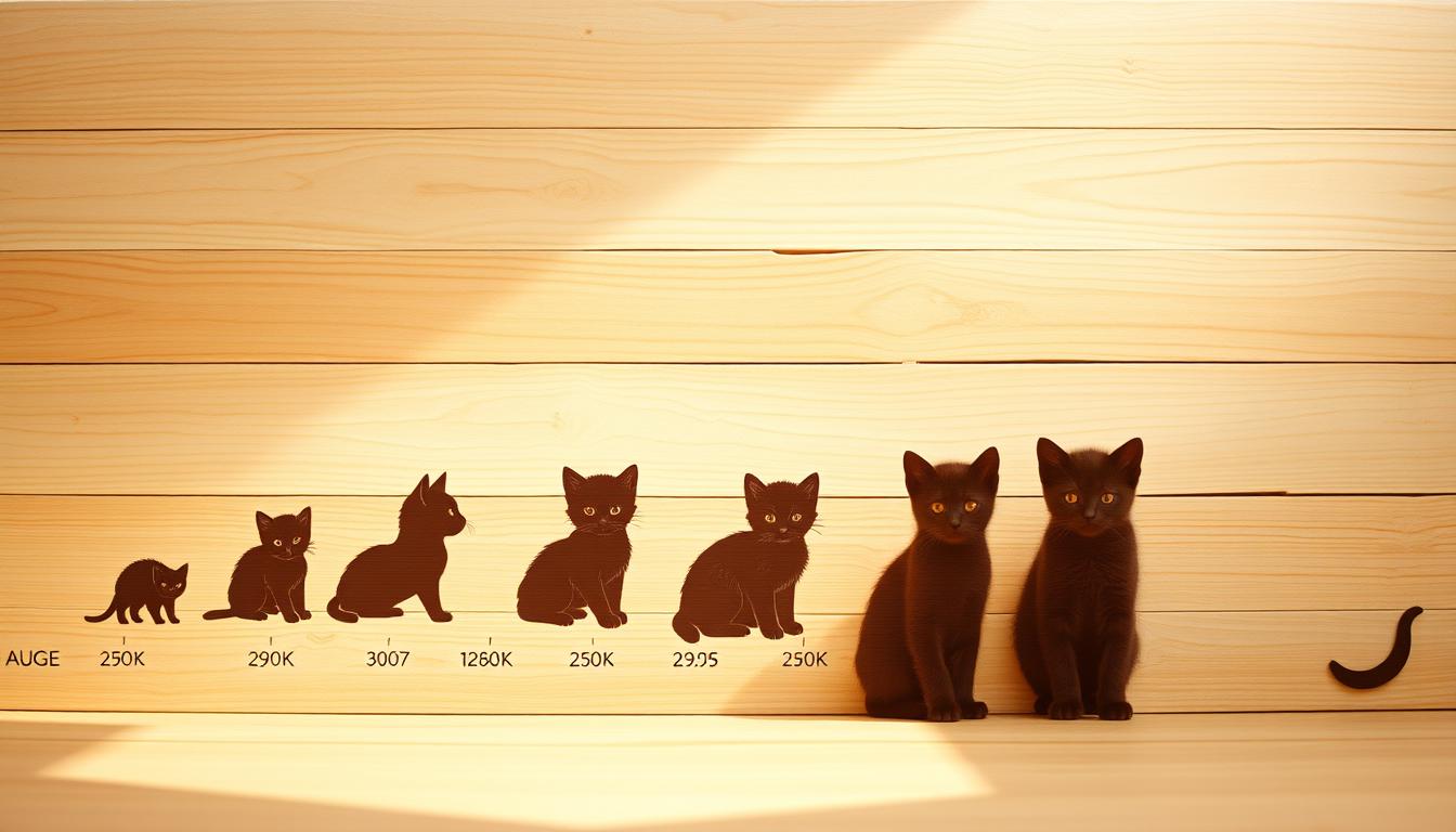A detailed growth chart showcasing the stages of a kitten's development, rendered in a warm, naturalistic style. The foreground features a series of kitten silhouettes arranged vertically, each labeled with the corresponding age and size. The middle ground depicts a soft, textured background mimicking wooden planks, adding a rustic, handcrafted aesthetic. The lighting is gentle, casting subtle shadows to enhance the three-dimensional quality. The overall composition conveys a sense of educational insight and charming simplicity, suitable for the "Understanding Cat Growth and Development" section of the article.
