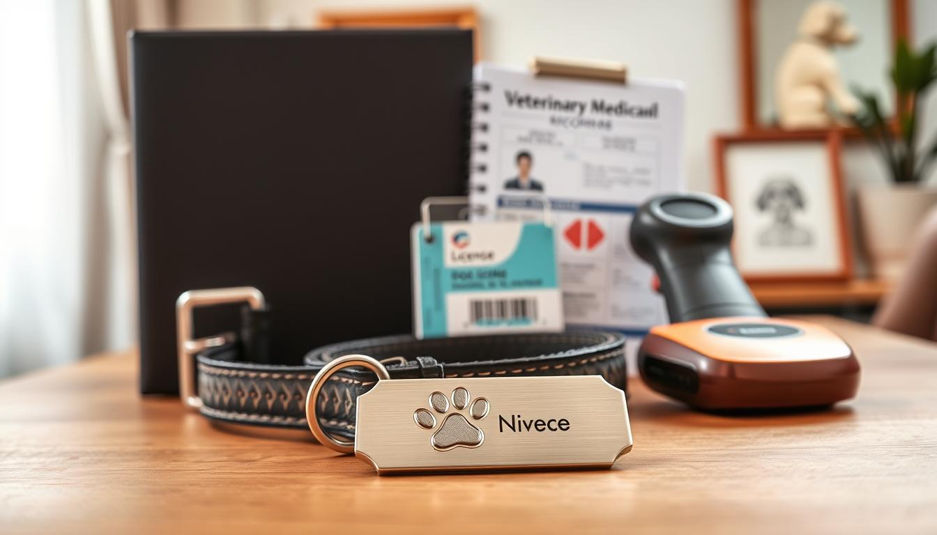 A cozy and well-lit tabletop scene showcasing the essential items for pet identification in a small apartment setting. In the foreground, a metal tag with a paw print engraved on it, a collar with a buckle closure, and a name plate with adjustable text. In the middle ground, a veterinary medical record folder, a dog license, and a microchip scanner. The background features a soft, blurred area with hints of apartment decor like potted plants and a wooden picture frame. The overall mood is organized, informative, and tailored to the needs of a small apartment dog owner.