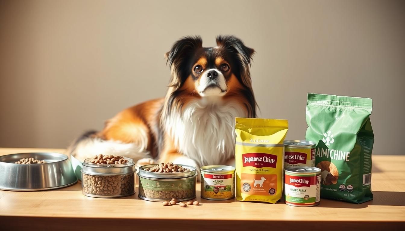 Elegant Japanese chin dog resting on a wooden table, surrounded by a variety of pet food and bowls. Soft natural lighting illuminates the scene, casting warm shadows. The dog's alert expression and well-groomed appearance suggest a healthy, well-cared-for companion. In the foreground, a selection of premium dog kibble and canned food options are neatly arranged, conveying precise feeding guidelines for this delicate breed. The background features a minimalist, serene atmosphere, allowing the subject to take center stage. Captured with a shallow depth of field, the image emphasizes the important details of proper Japanese chin nutrition and care.