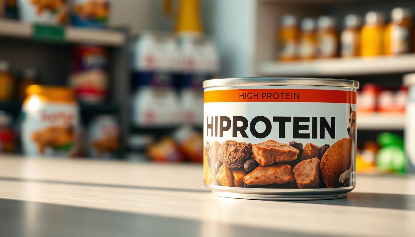 A close-up shot of a can of premium canned dog food, with a vibrant and appetizing display of high-protein ingredients. The can is illuminated by warm, natural lighting, casting shadows that accentuate the texture and depth of the contents. The label features bold, legible typography and a clean, modern design, emphasizing the "high protein" claim. In the background, a soft, blurred environment suggests a well-stocked pet food aisle or a kitchen countertop, creating a sense of context and setting. The overall mood is one of quality, nutrition, and the care that goes into providing a healthy, high-protein meal for a beloved canine companion.