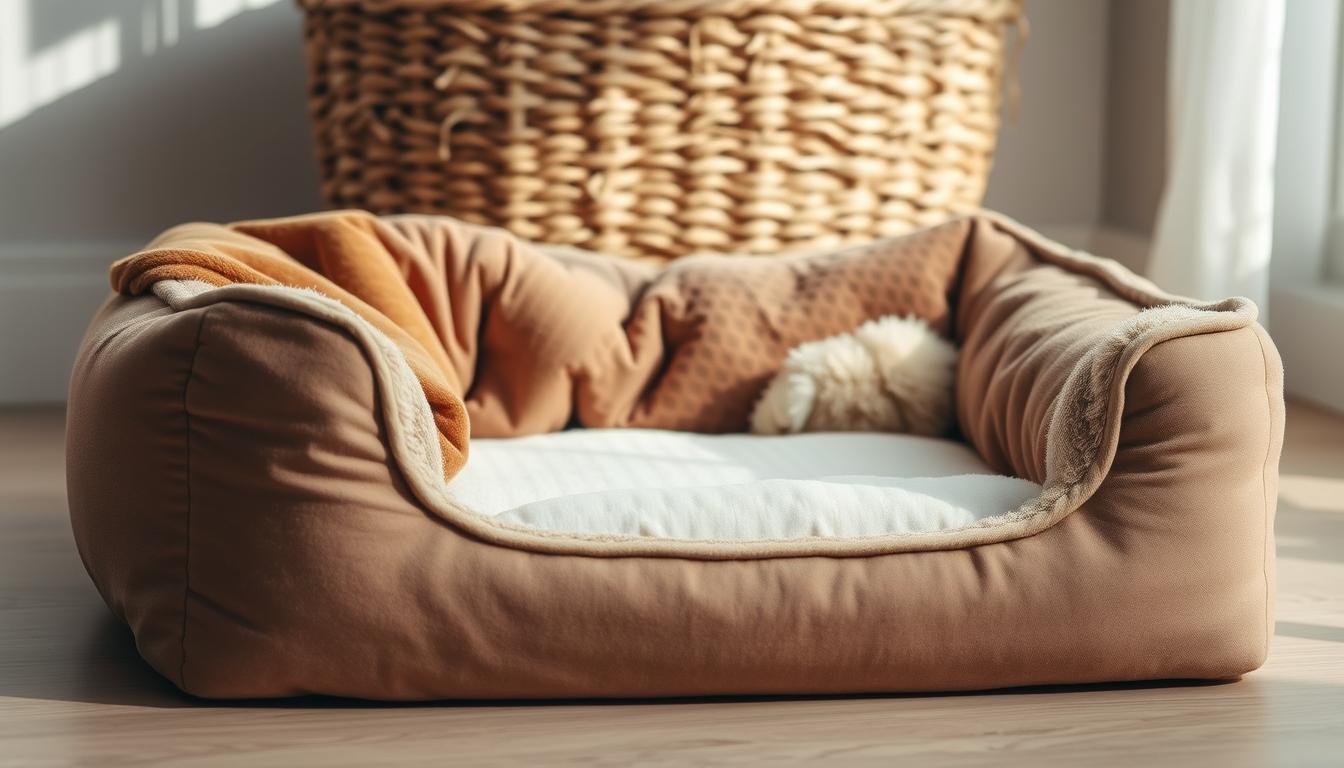A cozy, inviting pet bed with an array of calming, natural materials. In the foreground, plush yet durable fabrics in muted earth tones - soft cotton, velvety microfiber, and warm chenille. In the middle, a supportive memory foam base, cushioned with a generous layer of fluffy polyester fill. Behind, a woven jute basket with a textured wicker pattern, providing structure and a rustic aesthetic. Diffused natural lighting casts a soothing glow, creating an atmosphere of tranquility and comfort. The overall composition emphasizes the thoughtful design and high-quality materials that prioritize an anxious pup's well-being.