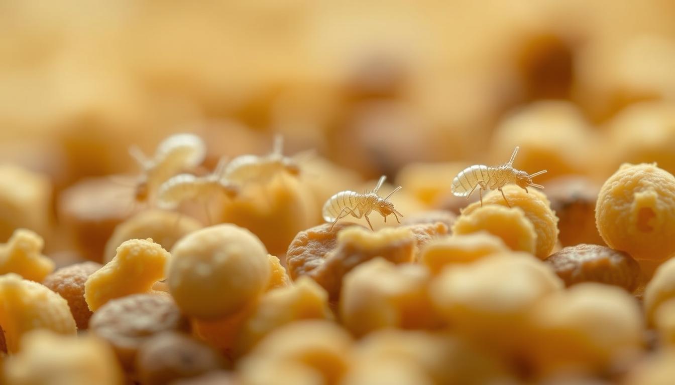 A close-up image of several tiny, translucent storage mites crawling on the surface of dry dog food. The mites are shown in sharp focus, with their segmented bodies and eight legs clearly visible. The background is slightly blurred, creating a shallow depth of field that draws the viewer's attention to the mites. The lighting is soft and diffused, highlighting the mites' delicate features. The overall mood is one of scientific curiosity and attention to detail, inviting the viewer to closely examine these common but often overlooked pests.