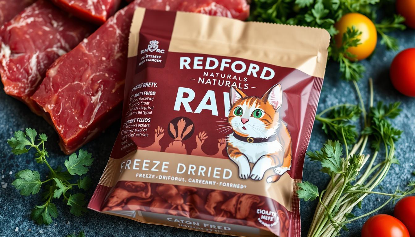 Generate an image of a package of Redford Naturals freeze-dried raw cat food.