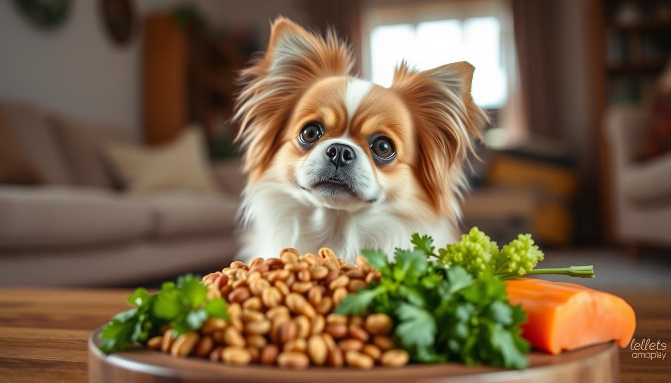 A close-up portrait of a Japanese Chin dog, with a nutritious meal of high-quality kibble, fresh vegetables, and lean protein arranged artfully in the foreground. The dog is sitting attentively, with a curious and friendly expression, against a softly blurred background of a cozy domestic interior. Warm, natural lighting illuminates the scene, highlighting the dog's silky coat and the healthy, vibrant ingredients of the meal. The composition conveys the importance of a balanced, nutrient-dense diet for the Japanese Chin breed, showcasing its specific nutritional needs.