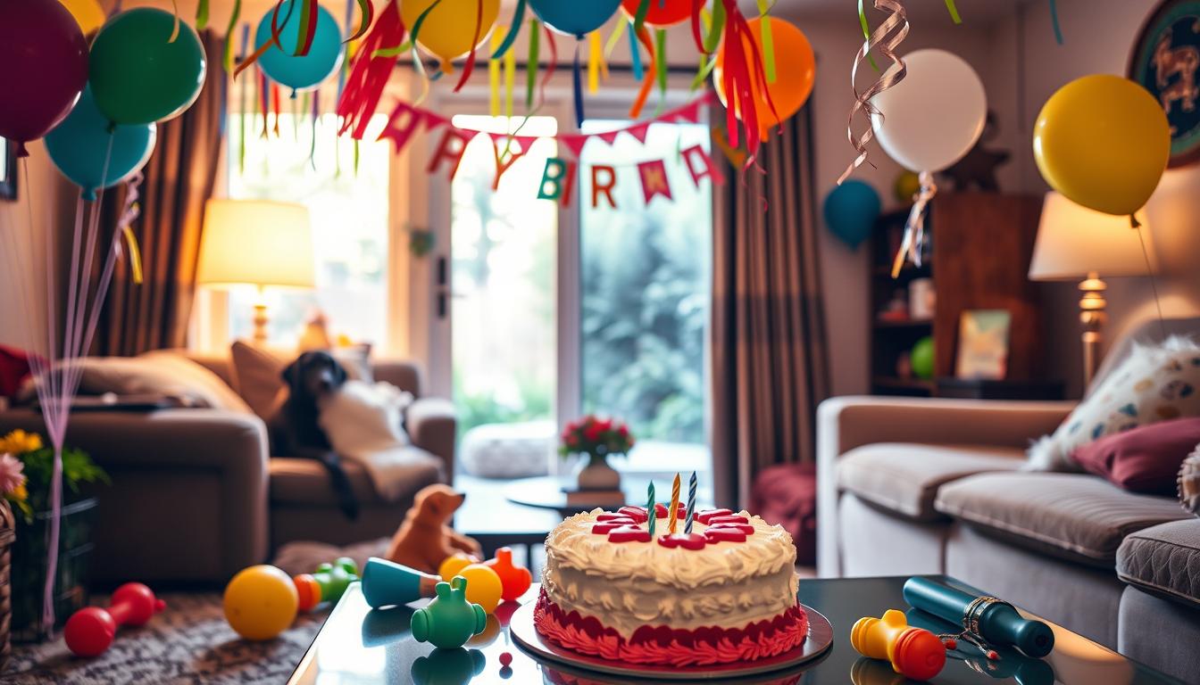 A cozy living room adorned with colorful balloons, streamers, and festive dog-themed decorations. A birthday cake with paw-print frosting sits on a table, surrounded by chew toys and squeaky toys. Warm, soft lighting illuminates the scene, creating a welcoming and celebratory atmosphere. In the background, a window reveals a glimpse of a lush, green backyard, hinting at the potential for outdoor adventures. The overall composition conveys a heartwarming and budget-friendly dog birthday celebration, perfect for a close-knit family gathering.