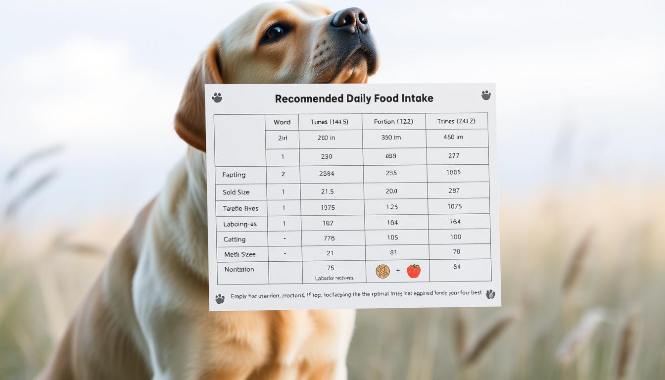 a detailed information chart for a Labrador retriever's recommended daily food intake, displayed in a clean, minimalist style against a soft, natural backdrop. The chart should present the optimal portion sizes and feeding guidelines in an easy-to-understand format, with clear visual cues and simple iconography. The overall mood should be calm, educational, and helpful, reflecting the subject matter's practical purpose. The lighting should be soft and diffused, with a slight vignette to draw the eye to the central chart. The camera angle should be a slightly elevated, three-quarter view to provide a clear, unobstructed display of the information.