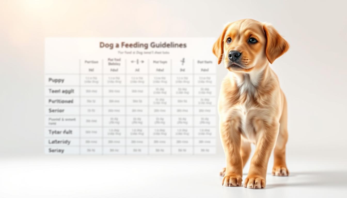 Vivid digital illustration of a dog feeding guidelines chart by life stage. In the foreground, a realistic golden retriever pup standing on a white background, gazing attentively. In the middle ground, a neatly organized table displaying detailed feeding recommendations for different dog life stages - puppy, adult, senior - with clear icons, portion sizes, and nutrient details. The background features a soft, blurred bokeh effect, creating a clean, professional aesthetic. Warm, natural lighting casts subtle shadows, emphasizing the 3D dimensionality. Rendered with a polished, high-resolution photorealistic style using a wide-angle lens to capture the full scene.