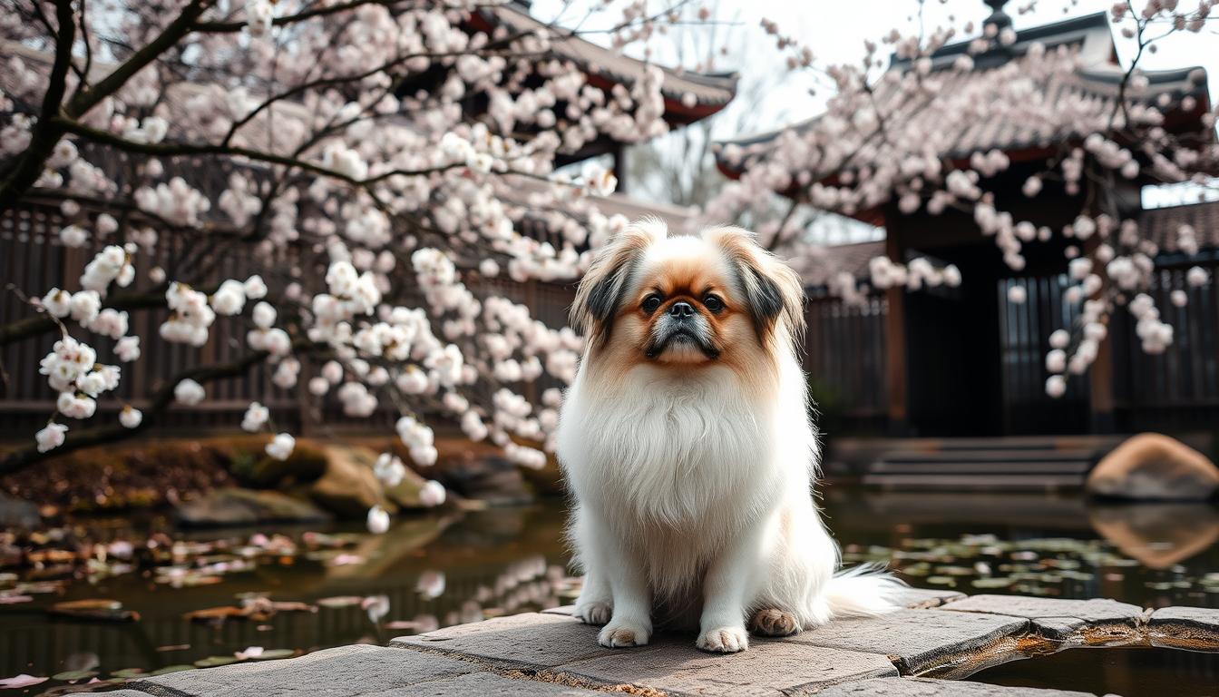 A fluffy Japanese Chin dog sitting in a serene Japanese-style garden, surrounded by blooming cherry blossom trees and a tranquil pond. The dog has a proud, alert expression, its long, silky coat glistening in the soft, diffused natural lighting. The scene is captured from a low, slightly angled perspective, emphasizing the dog's regal presence. The background features a traditional wooden fence and pagoda-style architecture, creating a harmonious, Eastern-inspired atmosphere. The overall mood is one of elegance, beauty, and a deep appreciation for the unique characteristics of the Japanese Chin breed.