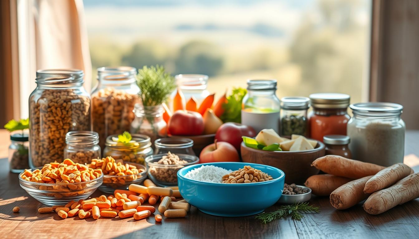 A well-lit, high-resolution photograph of a variety of Labrador-appropriate dog food ingredients and nutritional supplements, artfully arranged on a wooden table. The foreground features a selection of kibble, wet food, vitamins, and minerals in glass jars and bowls, with natural lighting casting warm shadows. The middle ground showcases fresh fruits and vegetables commonly found in Labrador-specific diets, such as carrots, apples, and sweet potatoes. The background depicts a soft, blurred out natural landscape, suggesting the importance of a holistic, nature-inspired approach to canine nutrition. The overall mood is one of informative, high-quality, and visually appealing presentation of Labrador dietary needs.